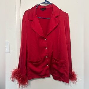 Nadine Merabi satin feather pajama set